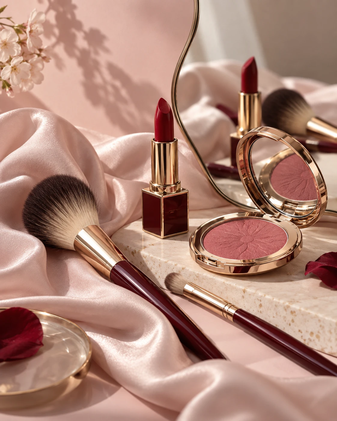 Pincéis, batom e maquiagem em tons rosados